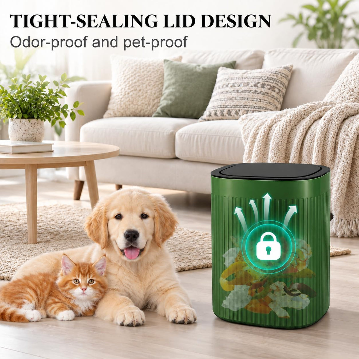 Small Bathroom Trash Can with Lid Plastic Garbage Can 2.1 Gallon Green