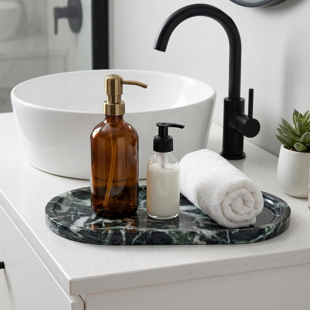 YKAJO Snowflake Green Oval Marble Tray, 11.8x5.9 Vanity Perfume Organizer