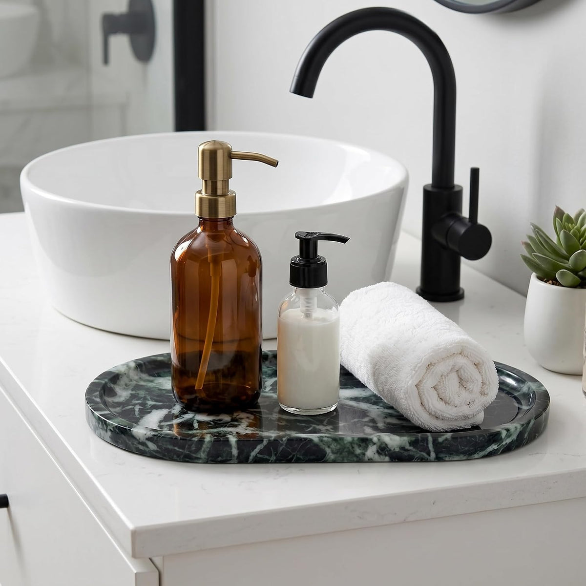 YKAJO Snowflake Green Oval Marble Tray, 11.8x5.9 Vanity Perfume Organizer