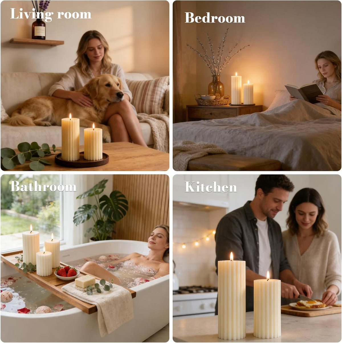 Ribbed Soy Pillar Candles,Set of 3,Cashmere Amber Scented