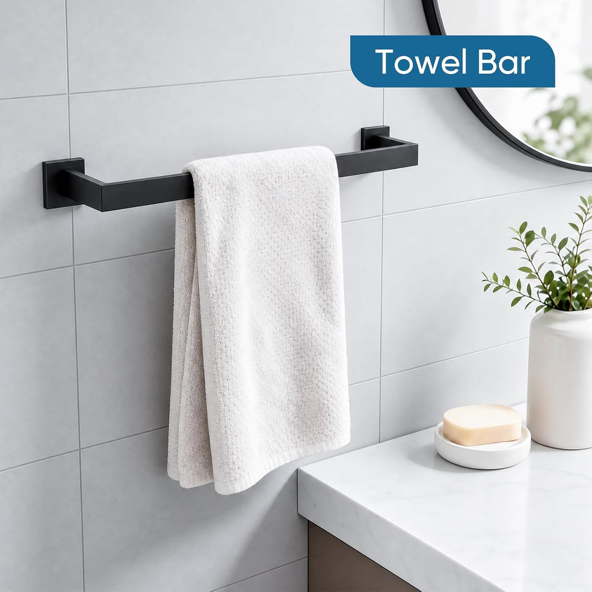 VELIMAX Mattle Black Towel Bar, SUS304 Stainless Steel Bathroom Hardware Set, Towel Racks for Bathroom Wall Mounted 16-Inches