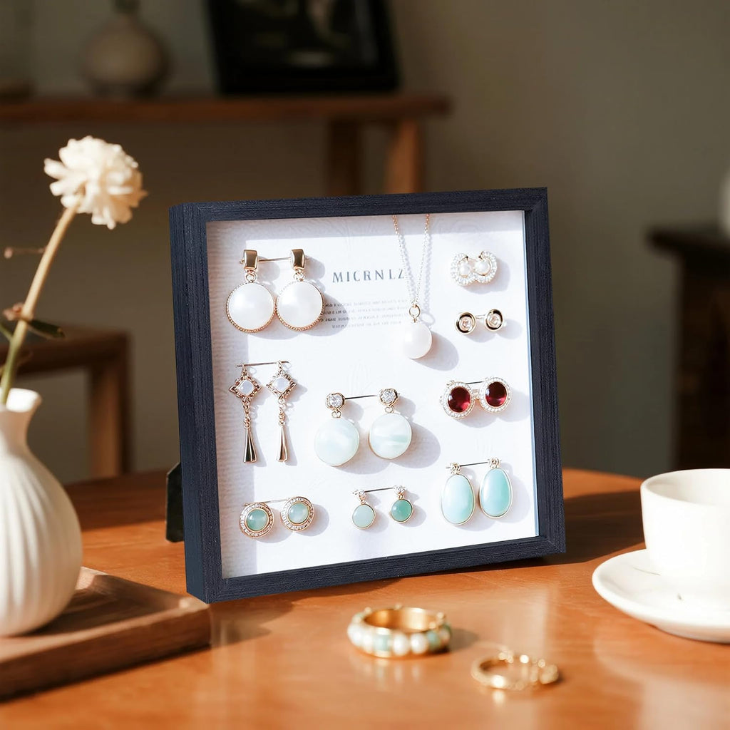 Black 8x8 Shadow Box Frame Solid Wood Shadow Box Memory Display Case Glass Surface Internal Depth 0.6 inch for Wall or Tabletop（4 Pack）
