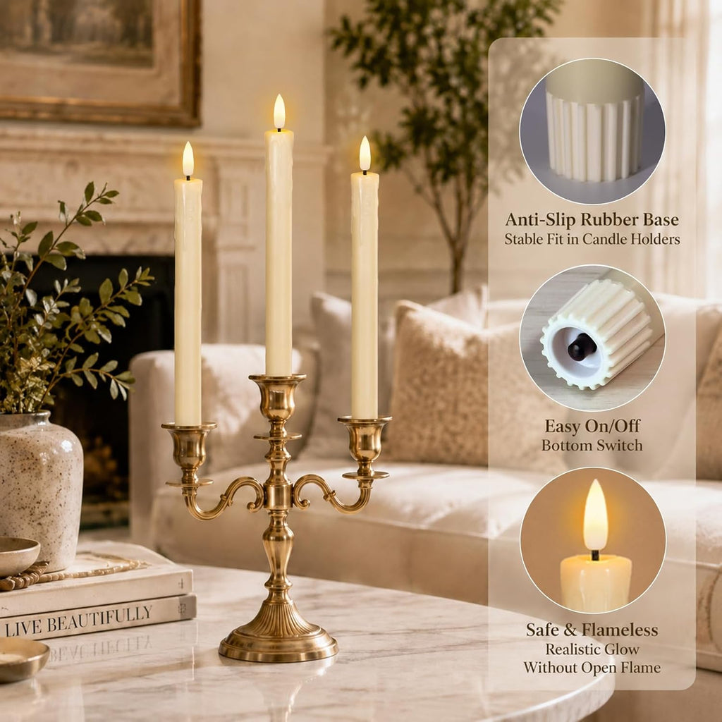 Lezonic Flameless Taper Candles with Remote Timer, Battery Operated Flickering LED Fake Candles for Dining Table Centerpiece Wedding Christmas Mantel Decor, 0.8 x 9.5 inch