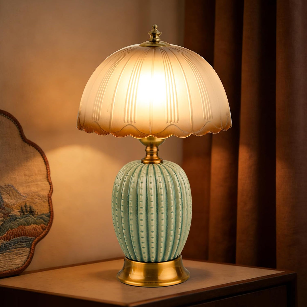 Vintage Green Ceramic Cactus Small Table Lamp for Bedroom