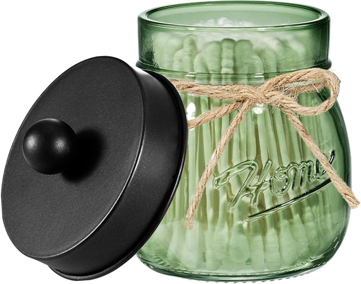 SheeChung Green Glass Mason Jar Qtip Holder Dispenser with Black Metal Lid