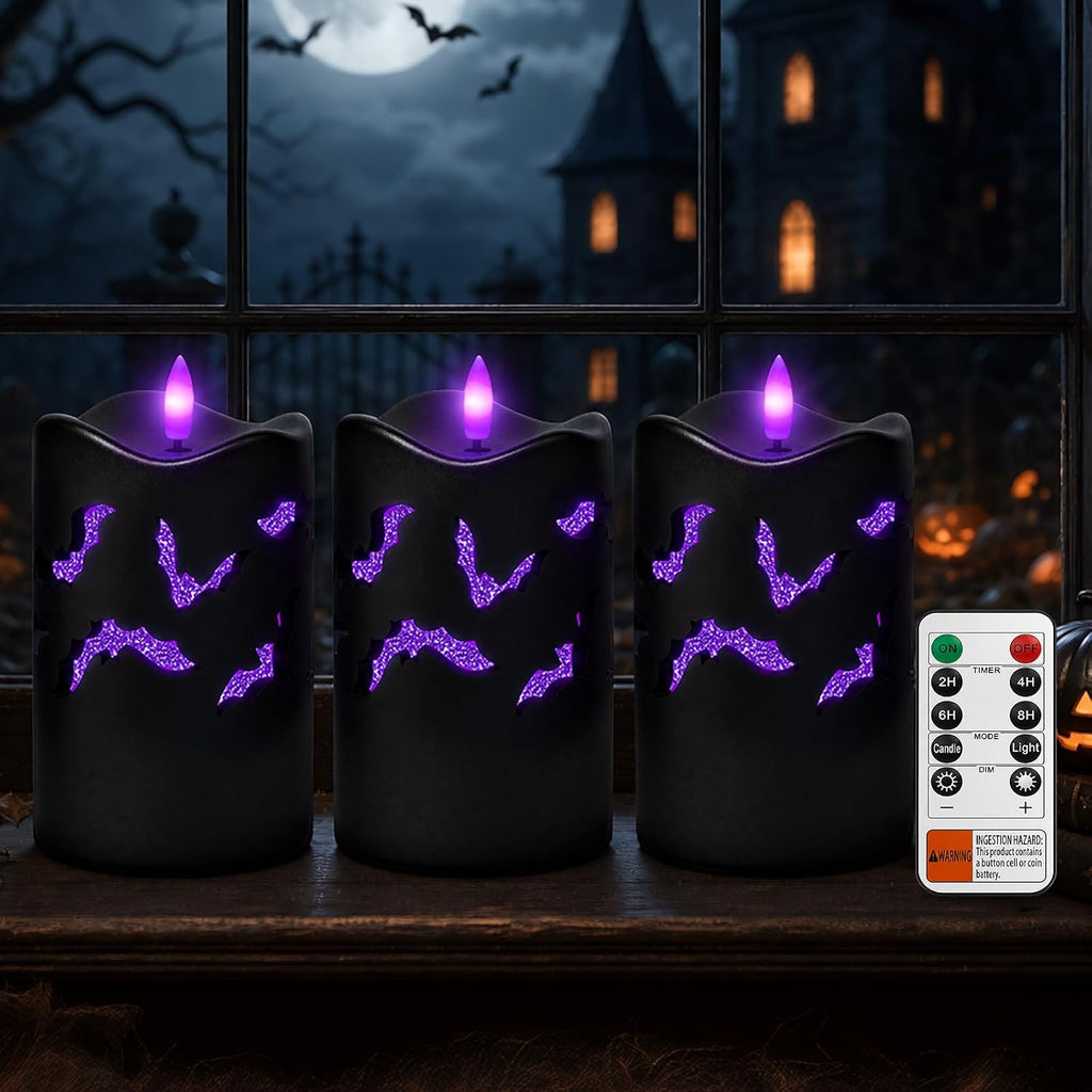 Halloween Flameless Pillar Candles with Bat Cutouts, Remote Control, 3 Pack