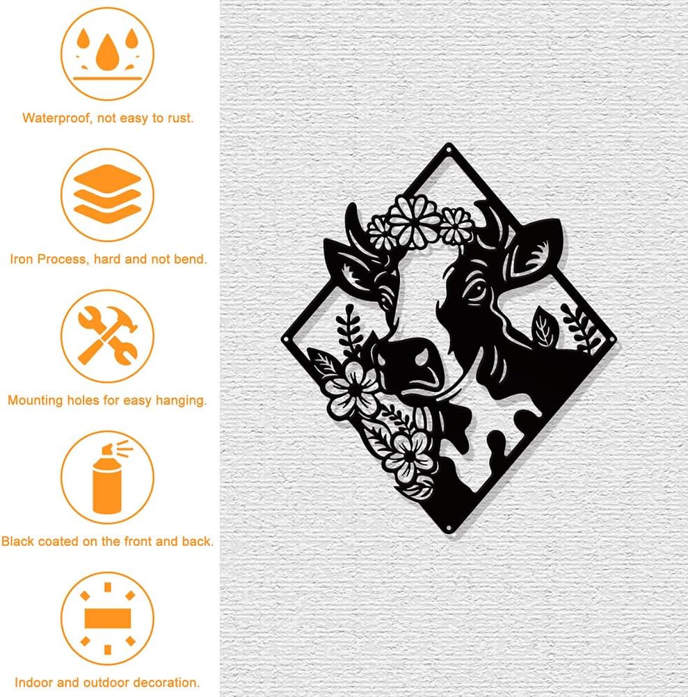 NBEADS Cow Flower Metal Wall Art Decor, Matte Black Wall Hanging Decor Silhouette Wall Art for Home Bedroom Living Room Bathroom Kitchen Office Hotel Wall Decoration, 10.3×8.86"(26.2x22.5cm)