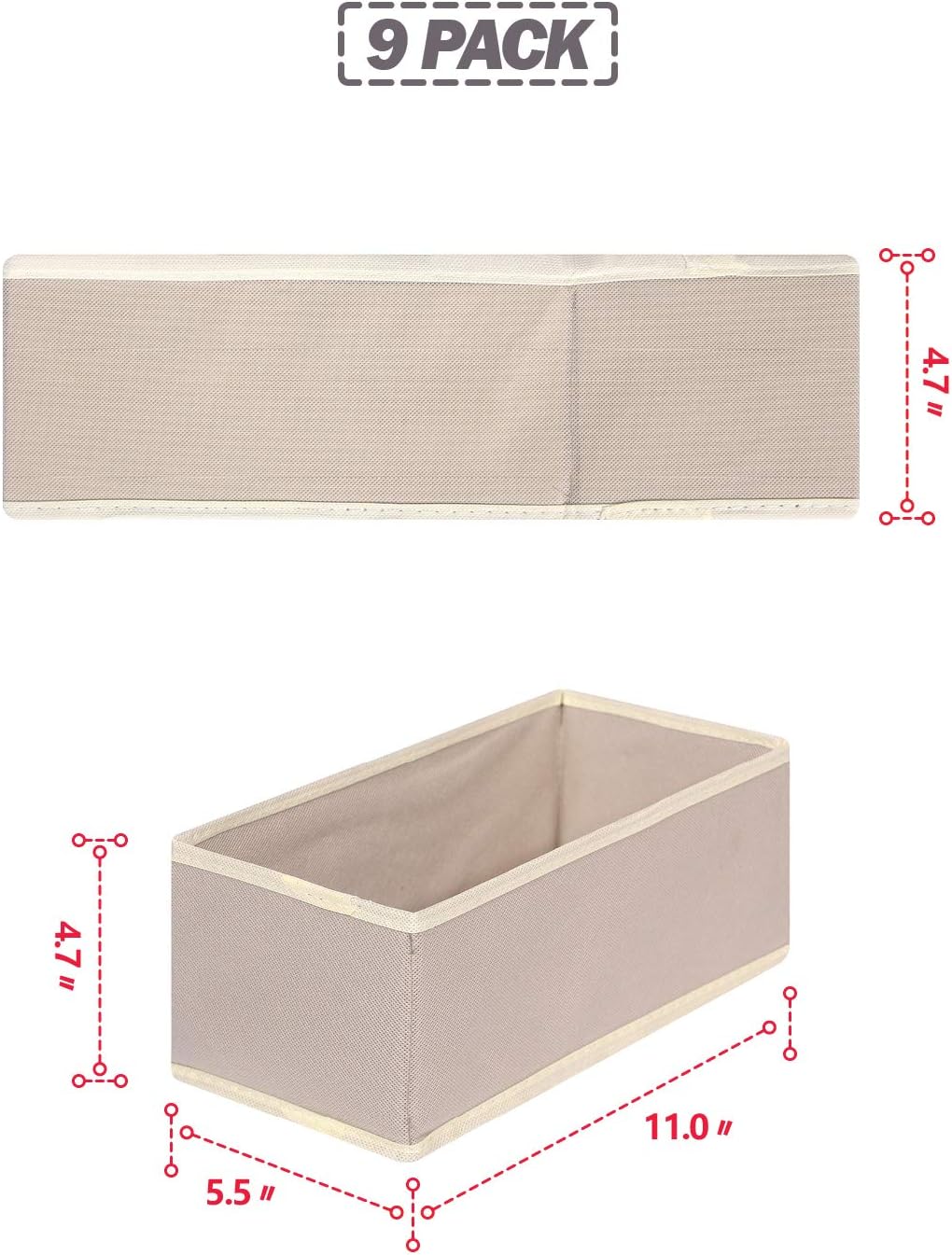 DIOMMELL 9 Pack Foldable Cloth Storage Box Closet Dresser Drawer Organizer Fabric Baskets Bins Containers Divider for Clothes Underwear Bras Socks Lingerie Clothing,Beige 090