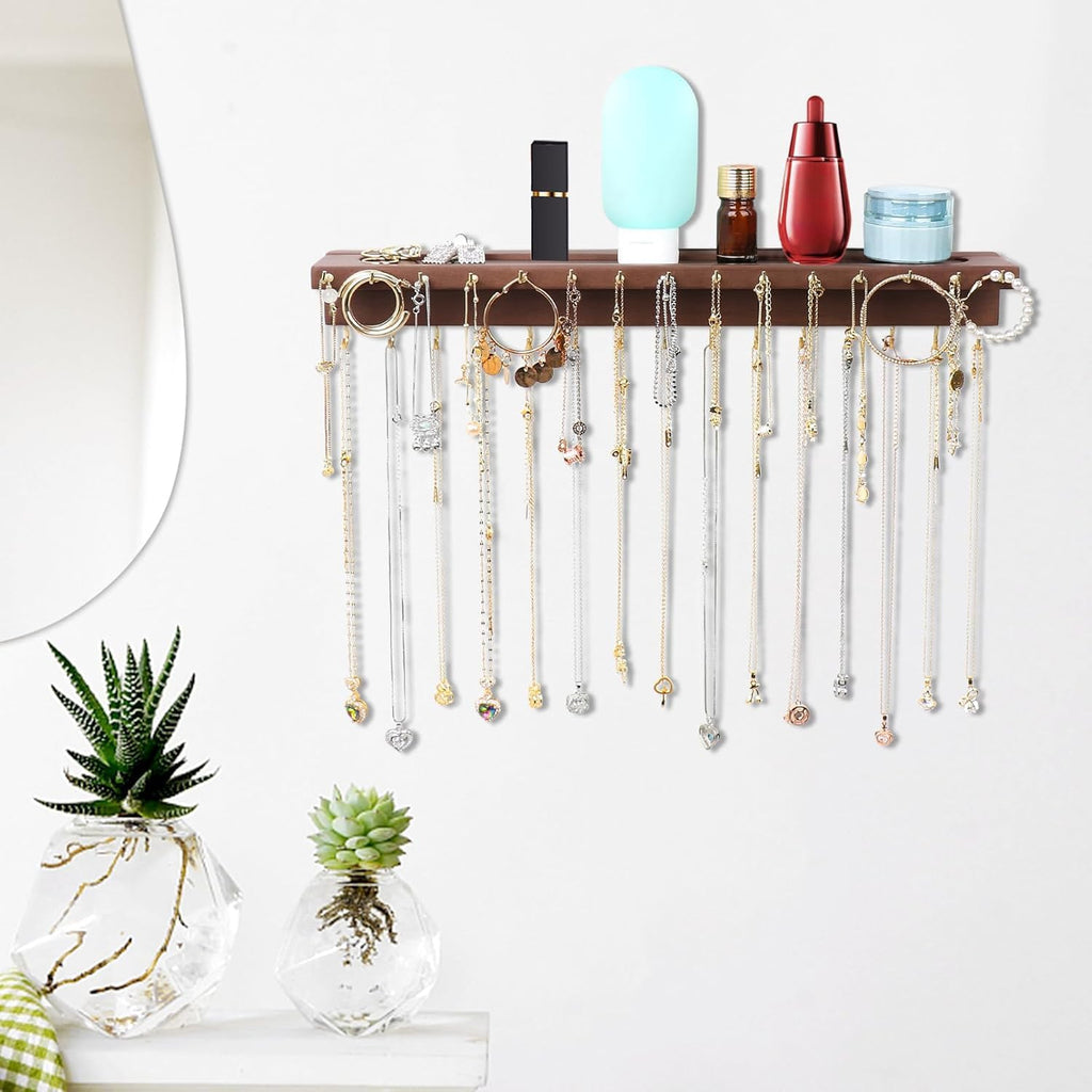 YYILIS Necklace Holder, Upgraded Extra Large Wall Necklace Organizer with 30 Hooks Wall Mounted Necklace Hanger with Jewelry Tray/Cosmetics Shelf Rustic Pine Wood Holder (Walnut)