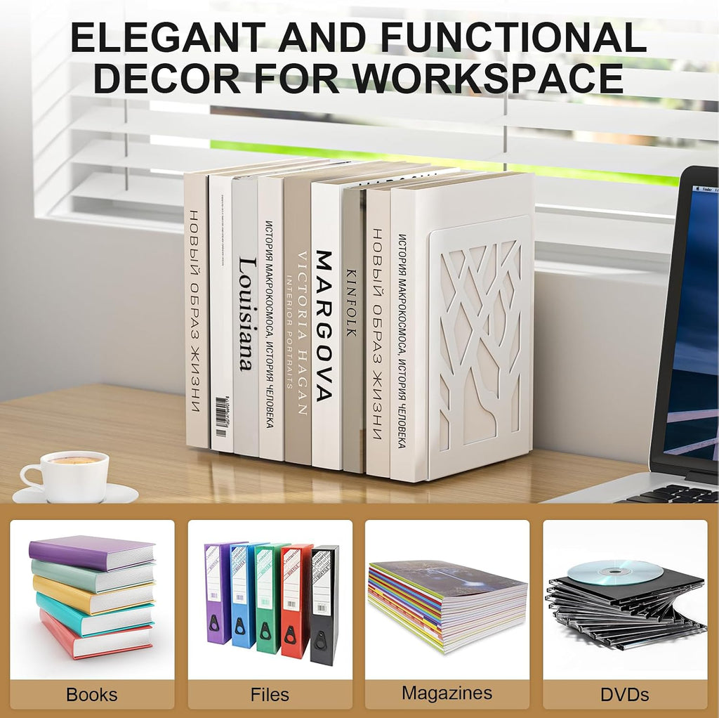 White Bookends 4 Pieces, Tree Design Modern Metal Bookends for Shelves, Unique Tree Book Ends Decorative Book Organizer for Desk, Decorative Shelve Book Stopper for Home Office
