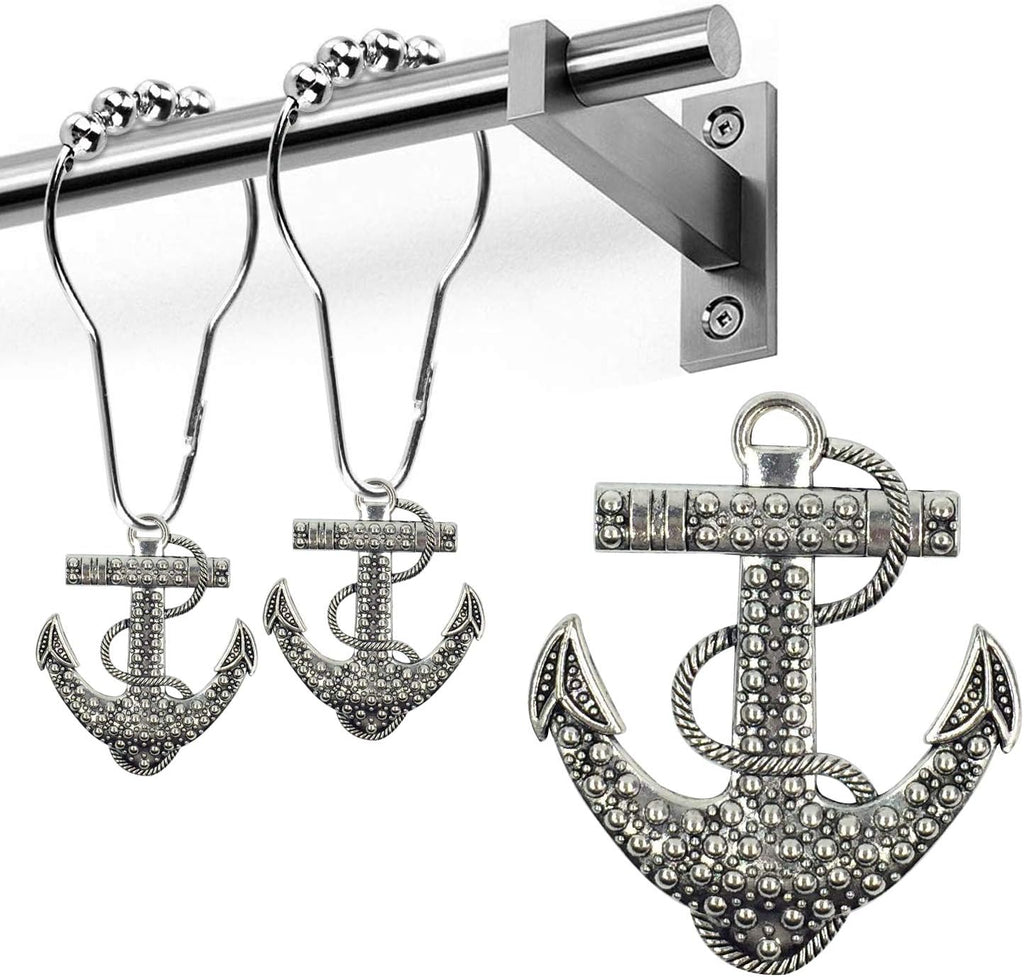 Set of 12 Anchor Shower Curtain Hooks Decorative Home Bathroom Nautical Ocean Boat Sailing Tropical Beach Island Coastal Bath Theme Style Stainless Steel Rustproof (Silver)