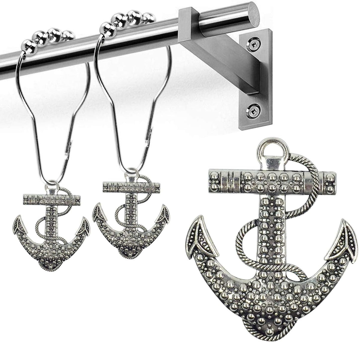 Set of 12 Anchor Shower Curtain Hooks Decorative Home Bathroom Nautical Ocean Boat Sailing Tropical Beach Island Coastal Bath Theme Style Stainless Steel Rustproof (Silver)