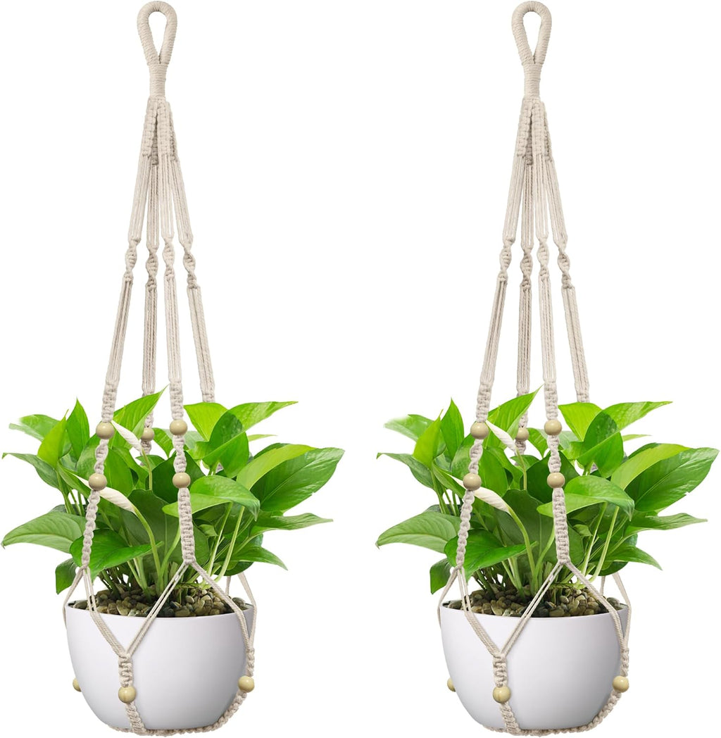 USLAI Macrame Plant Hanger, for Up to 15 Inch Pots, 35 Inch, Ivory, 2 Pack