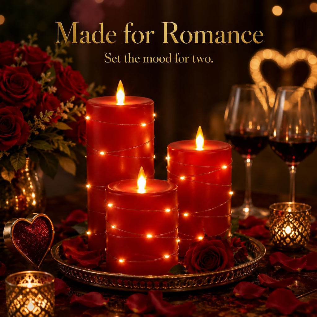 3 Pack Red Real Wax Flameless Taper Candles, Realistic Flickering LED Candles with Surrounding Fairy String Lights, Soft Warm Battery Candle Lights with Remote for Holiday Wedding Indoor Outdoor Decor