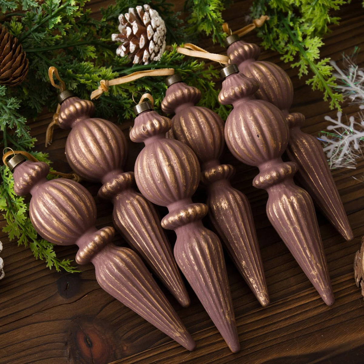 Gunmetal Gold Vintage Finial Christmas Ornaments, 6Pcs Neutral Shatterproof Xmas Tree Ornaments