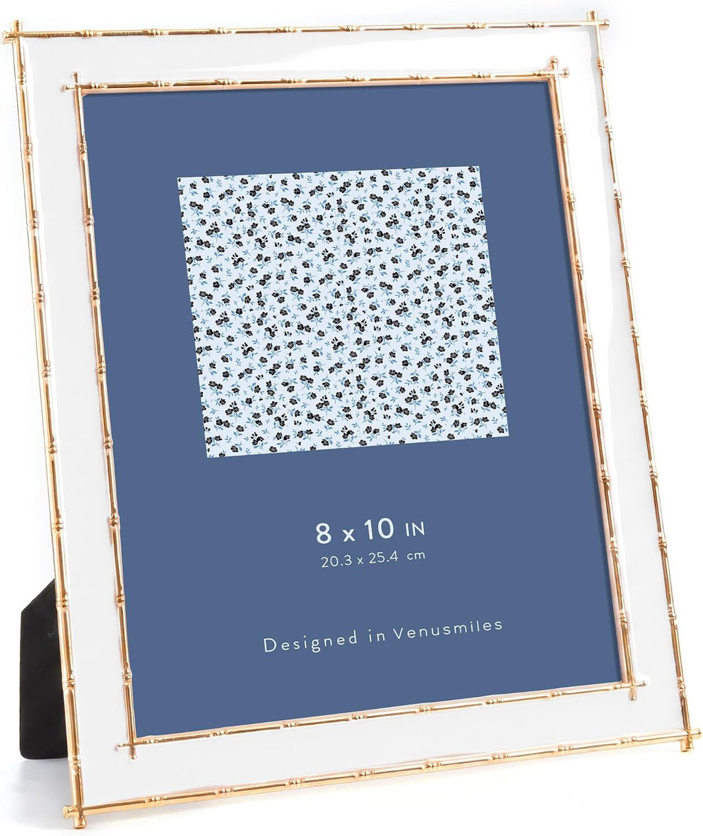 8x10 Picture Frame White Enamel, Gold Bamboo Design Edge, Tabletop, 1pc