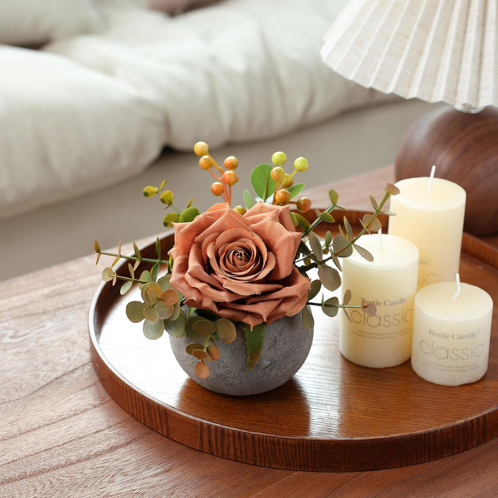 mizii DIY Small Artificial Flowers Potted Kit Fake Flower Realistic Silk Rose and Greenery with Vase for Gifts Table Centerpiece Mantle Office Desk Shelves Living Room Decorations (Orange)