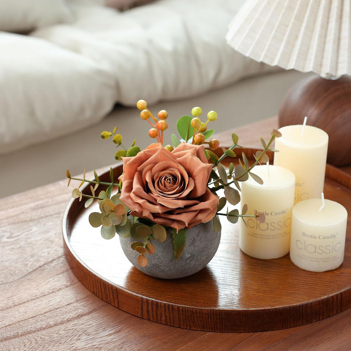 mizii DIY Small Artificial Flowers Potted Kit Fake Flower Realistic Silk Rose and Greenery with Vase for Gifts Table Centerpiece Mantle Office Desk Shelves Living Room Decorations (Orange)