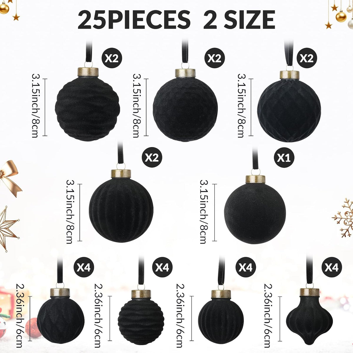 ZenNex 25Pack Velvet Christmas Ball Ornaments for Christmas Tree,Black