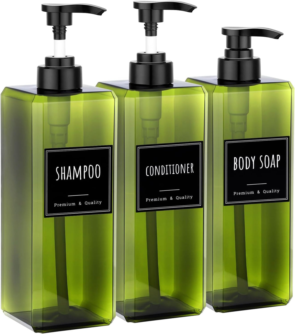 Segbeauty 33.8oz Square Shampoo and Conditioner Dispenser, 3pcs Large Capacity Plastic Soap Dispenser Bathroom, Green 1000ml Empty Lotion Pump Bottle Soap Hand Wash Bottles with Waterproof Labels