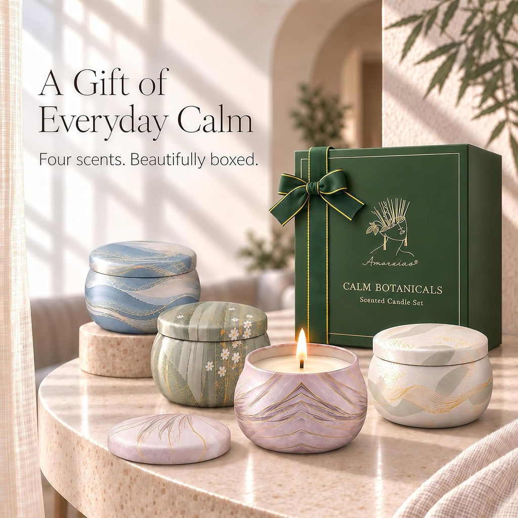 4 Pack Scented Candles Gift Set, Botanical Candle Set with Soy-Coconut Wax