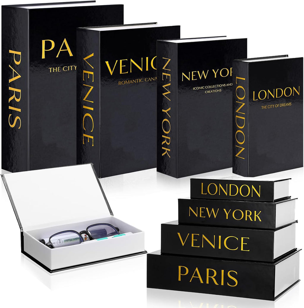 Sabary Set of 4 Decorative Books Box, Black and Gold, Classic Style
