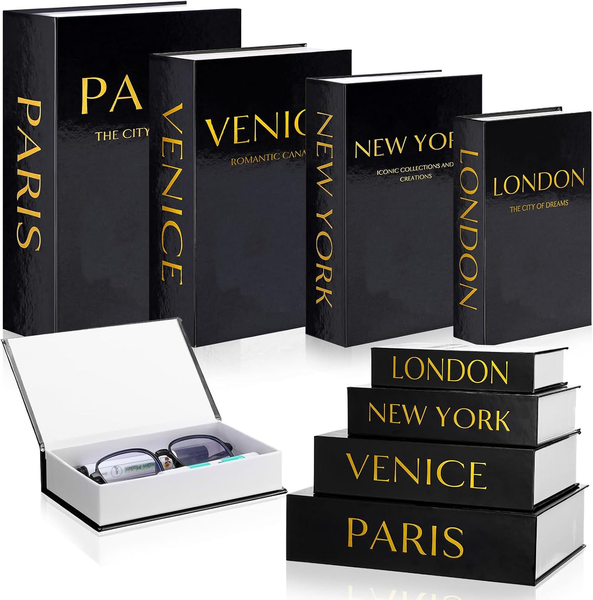Sabary Set of 4 Decorative Books Box, Black and Gold, Classic Style