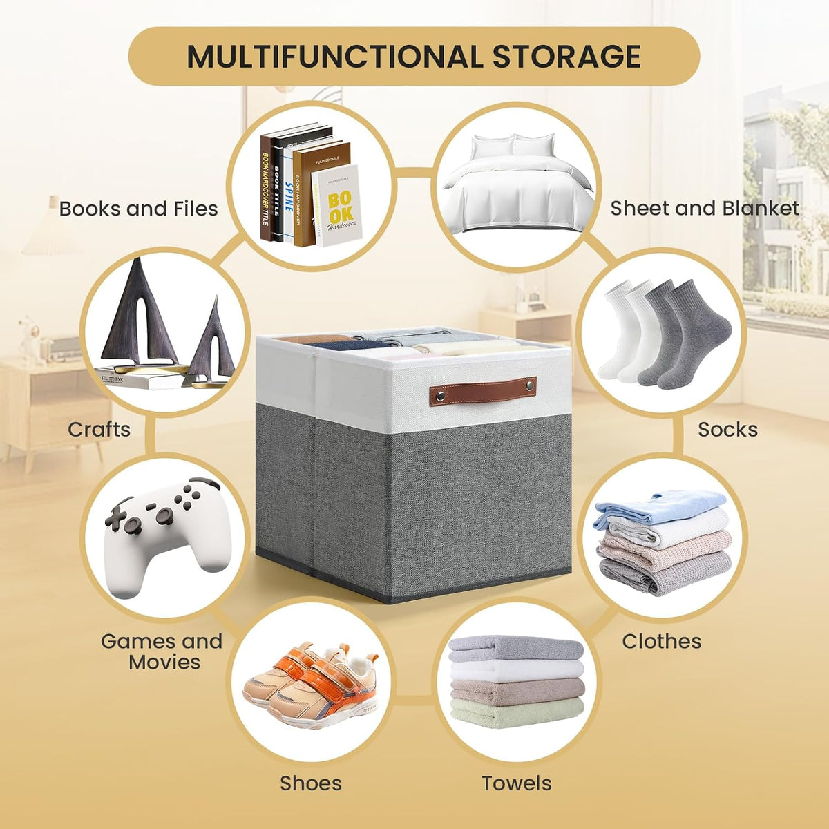 Posprica 13x13x13 Storage Cube Bins, Foldable Fabric Organizer Bins Storage Cubes Baskets Box Drawers for Shelves, Closet, Wardrobe, Bookshelf, 4 Pack, White/Gray