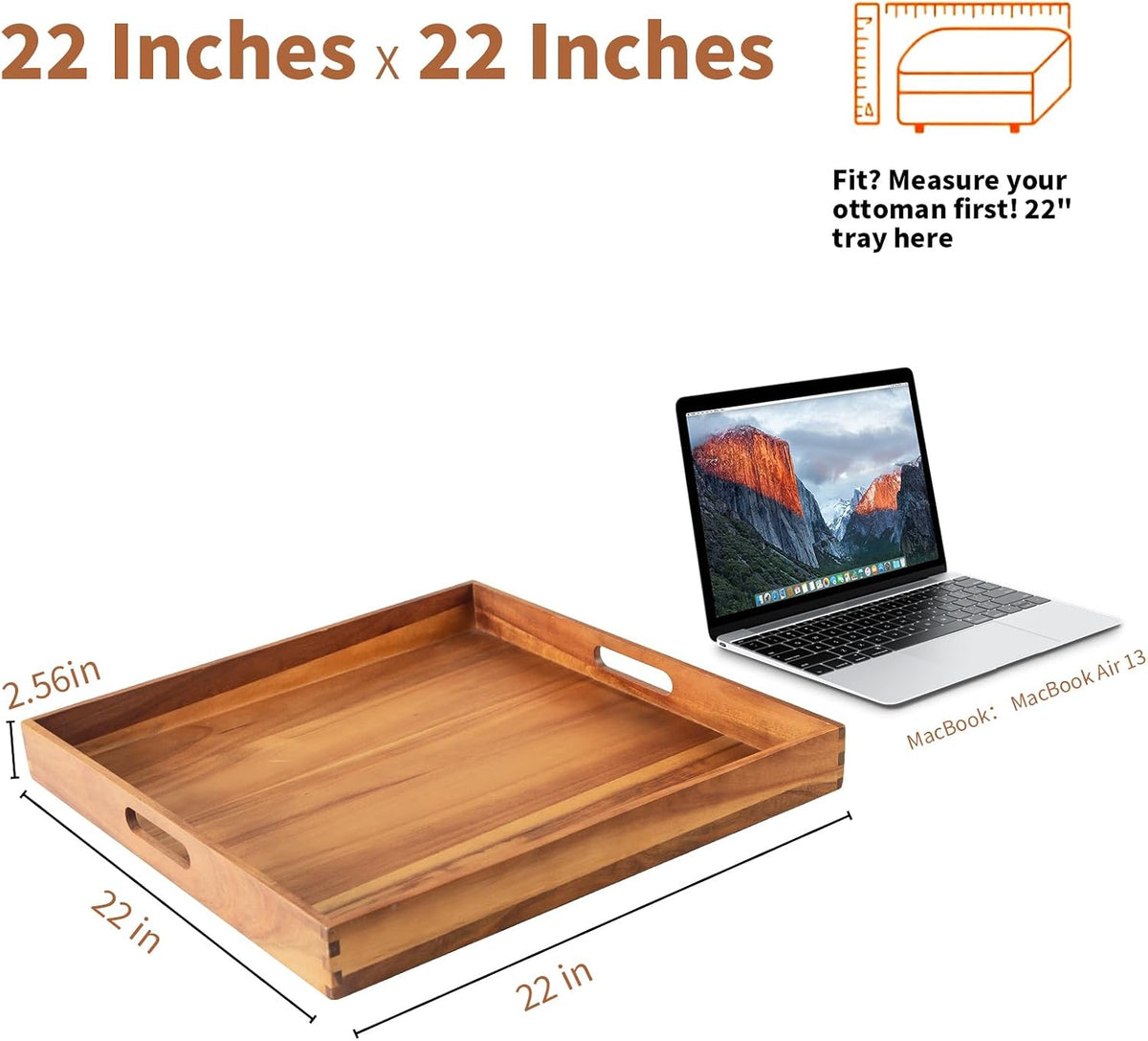 Serving Tray with Handles, 22 inch Large Square Ottoman Tray Coffee Table Tray, Wooden Trays Decorative Trays for Party, Food Serving, Breakfast, Dinner, Coffee Tea, Appetizers