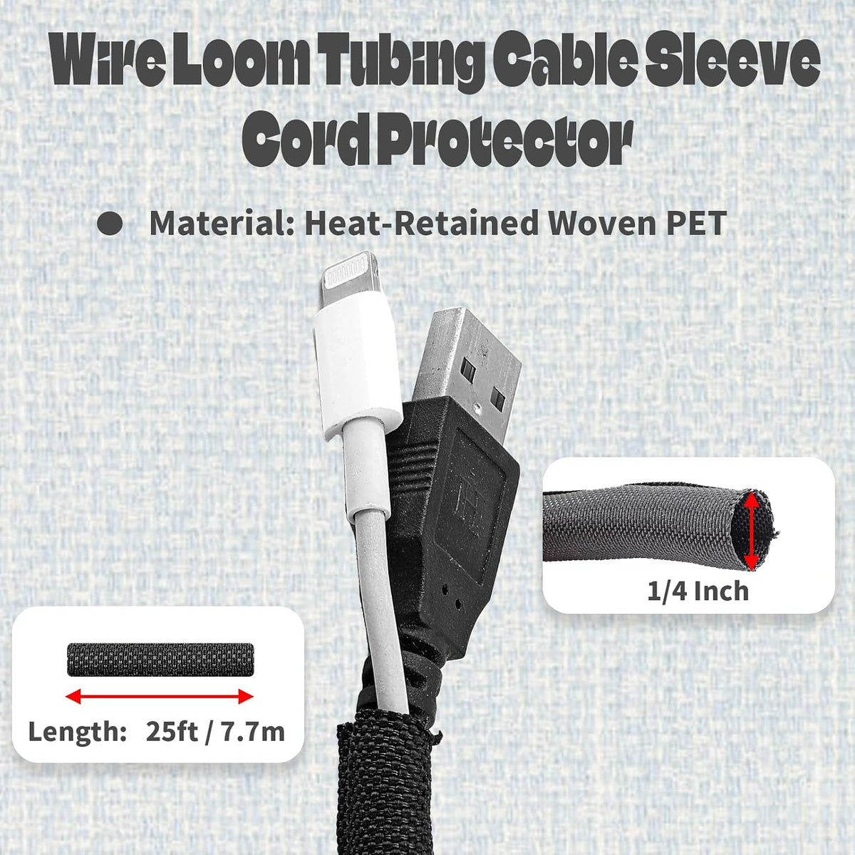 25ft 1/4 Inch Cable Sleeve, Split Wire Loom, Polyethylene