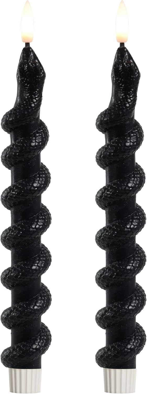 LumiPur Signature Collection Natural Glow Flickering Flameless LED Wax Taper Candle 1" x 9" (Snakes - Black, 2-Pack)