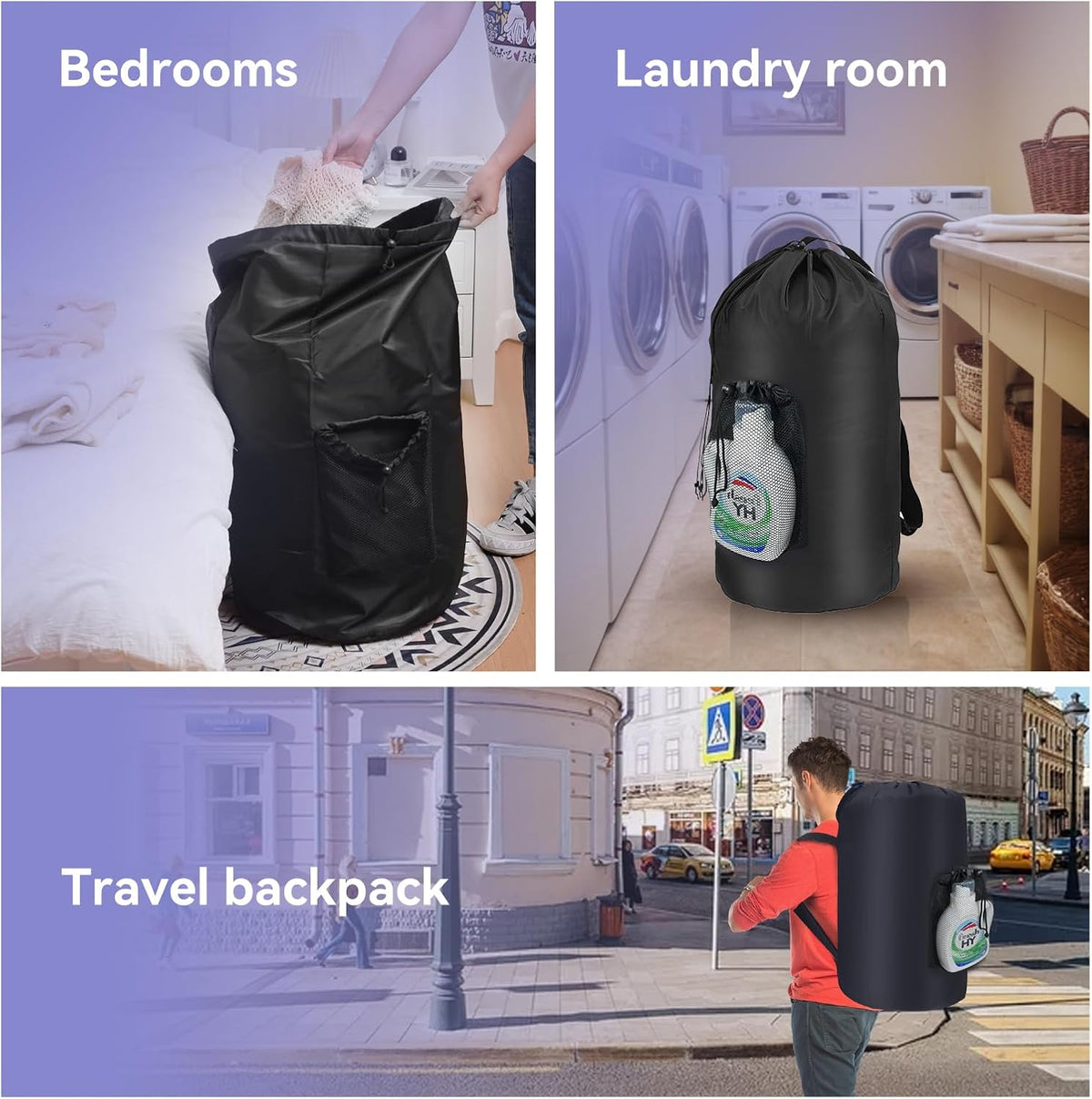 WOOHA 95L Backpack Travel Laundry Bag with Shoulder Straps and Mesh - Durable Polyester Laundry Hampers for Travel, Apartments, Laundromats and Universities (Black)