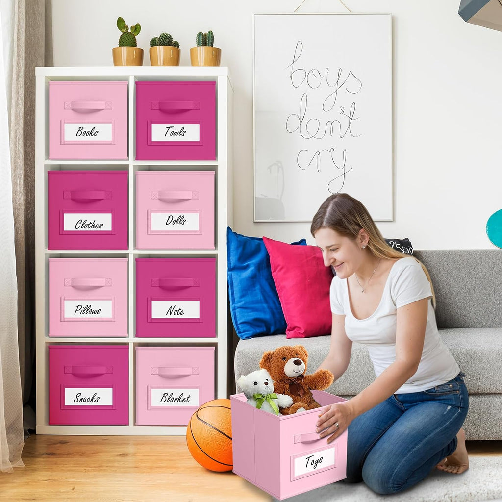 10 Pack Fabric Storage Cubes with Label 11" Collapsible Cube Bins, Pink