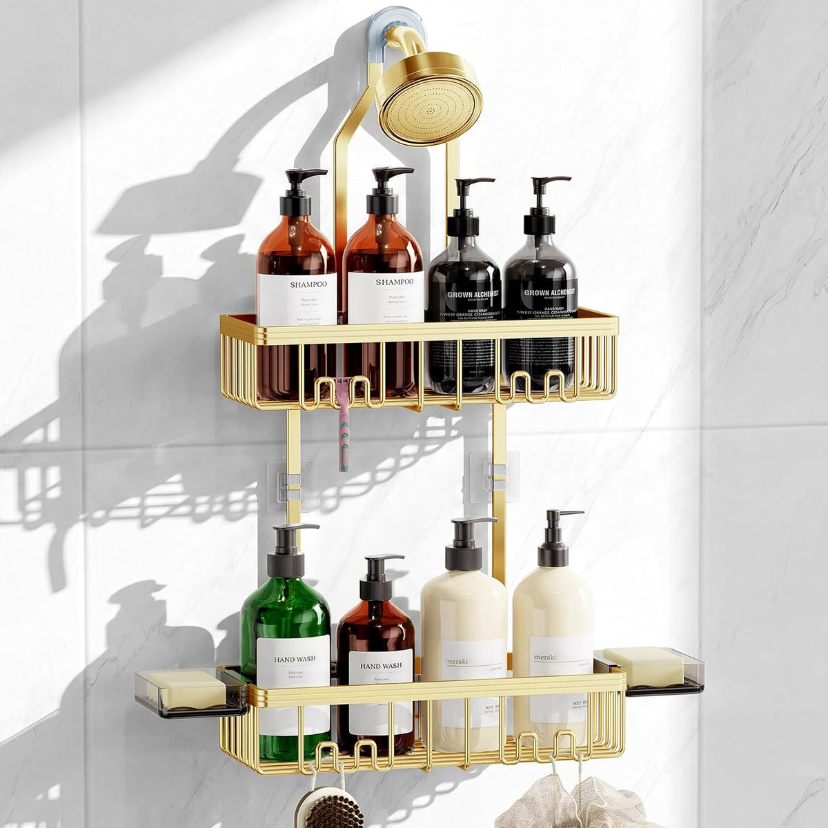 Shower Caddy Hanging, Never Rust Shower Organizer Hanging, Aluminum Shower Racks for Inside Shower with Hooks for Razor, Bathroom Organizers and Storage with Soap Holder, Gold