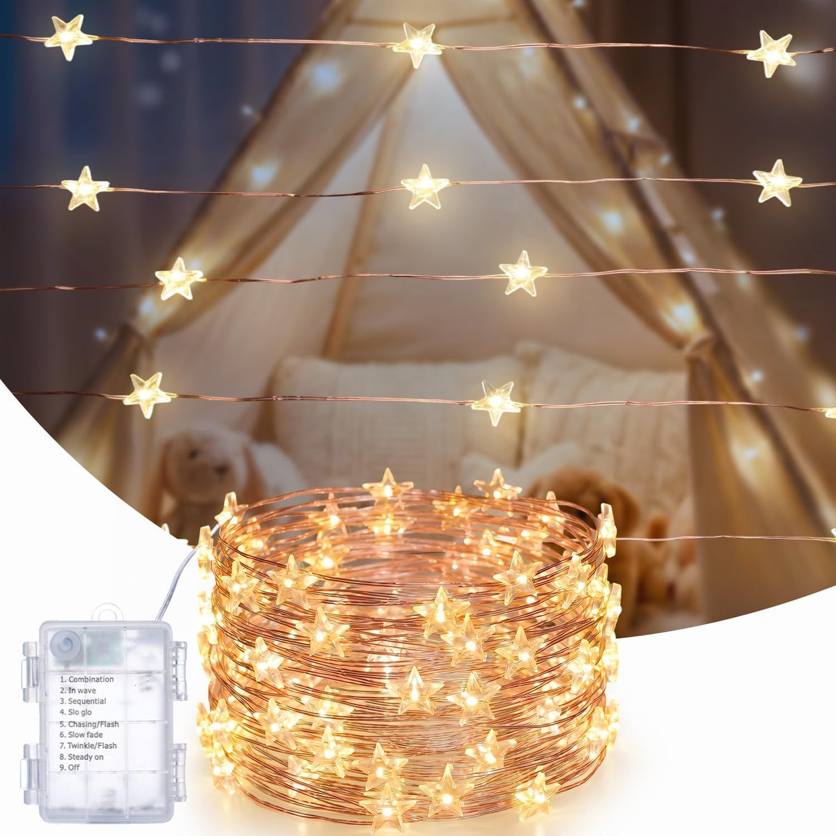 Star String Lights Battery Operated, 40ft 120 LED 8 Modes Copper Wire