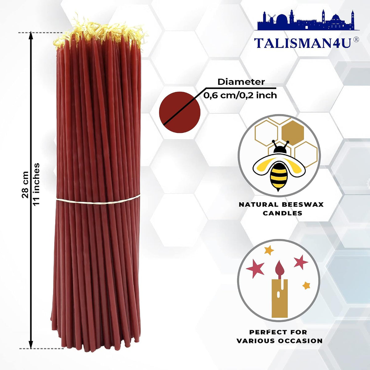 TALISMAN4U 50 Red Beeswax Taper Prayer Candles 11 inch Holy Land Jerusalem