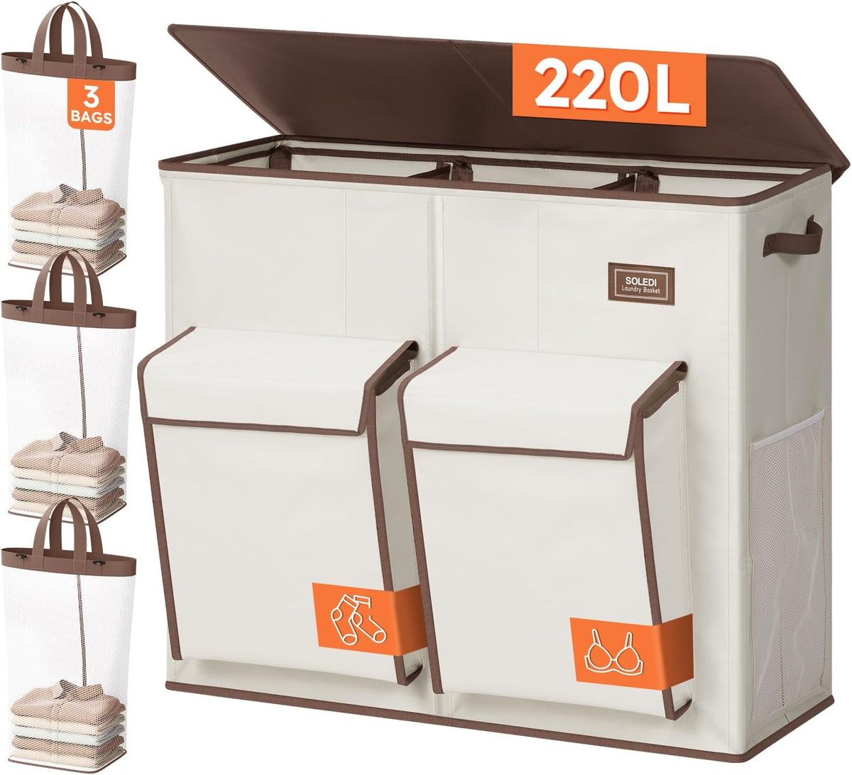 SOLEDI 220L Laundry Hamper 3 Section with Lid and 2 Side Pockets