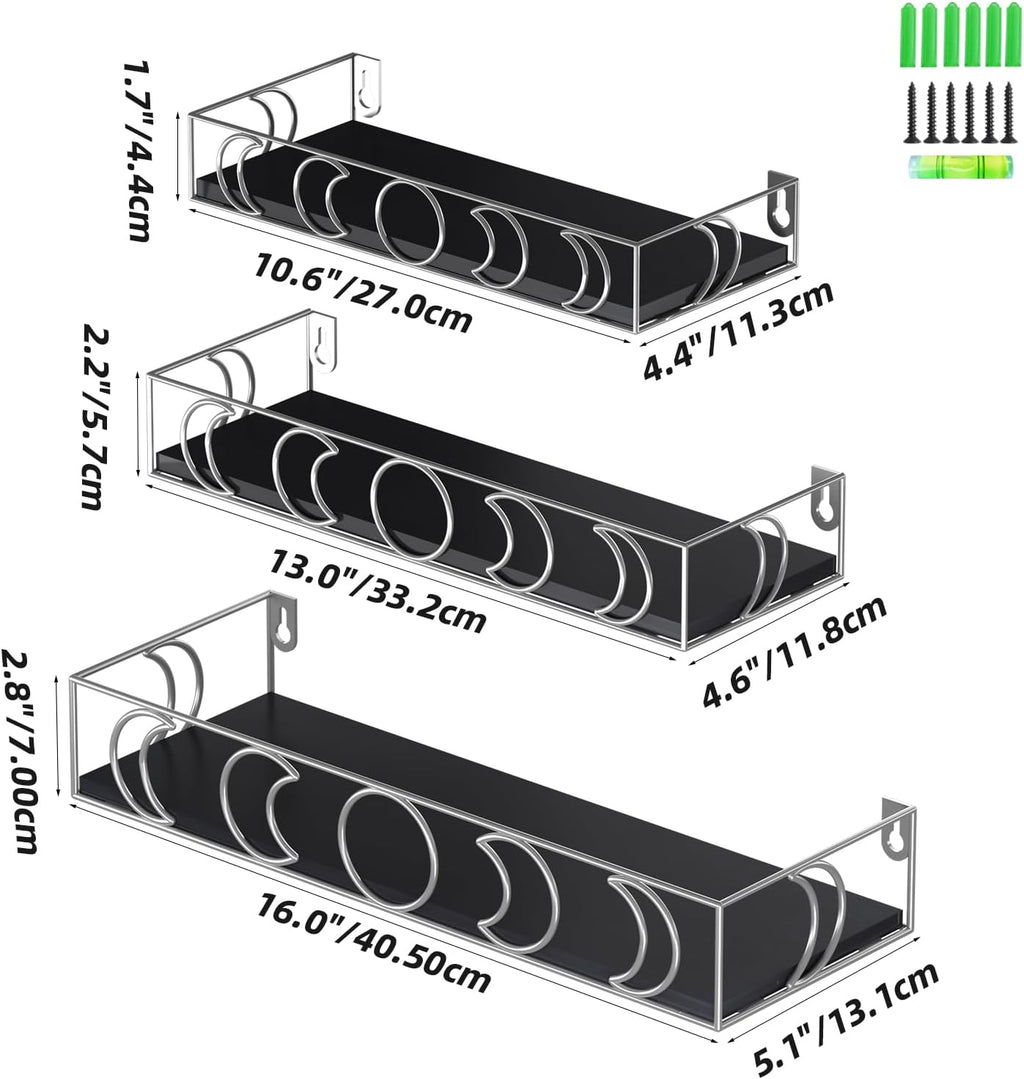 Moon Phase Wall Shelf, 3 Silver Side Black Base Floating Shelves