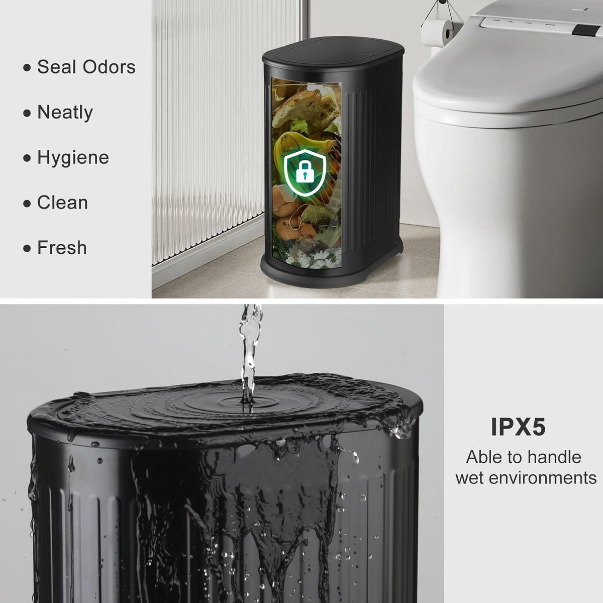 Anzoymx Bathroom Trash Cans Black Stainless Steel with Lids, 1.8 Gallons