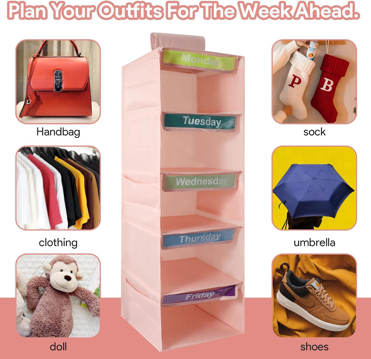 5 Shelf Days of The Week Clothes Organizer for Kids Weekly Outfits(Pink)