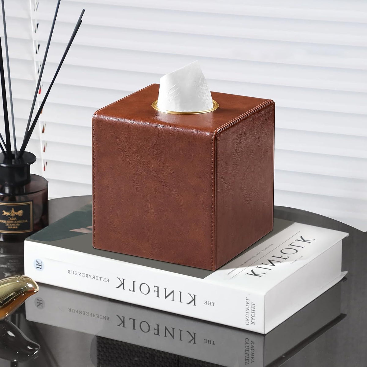 Square Tissue Box Cover with Magnetic Closure, Brown