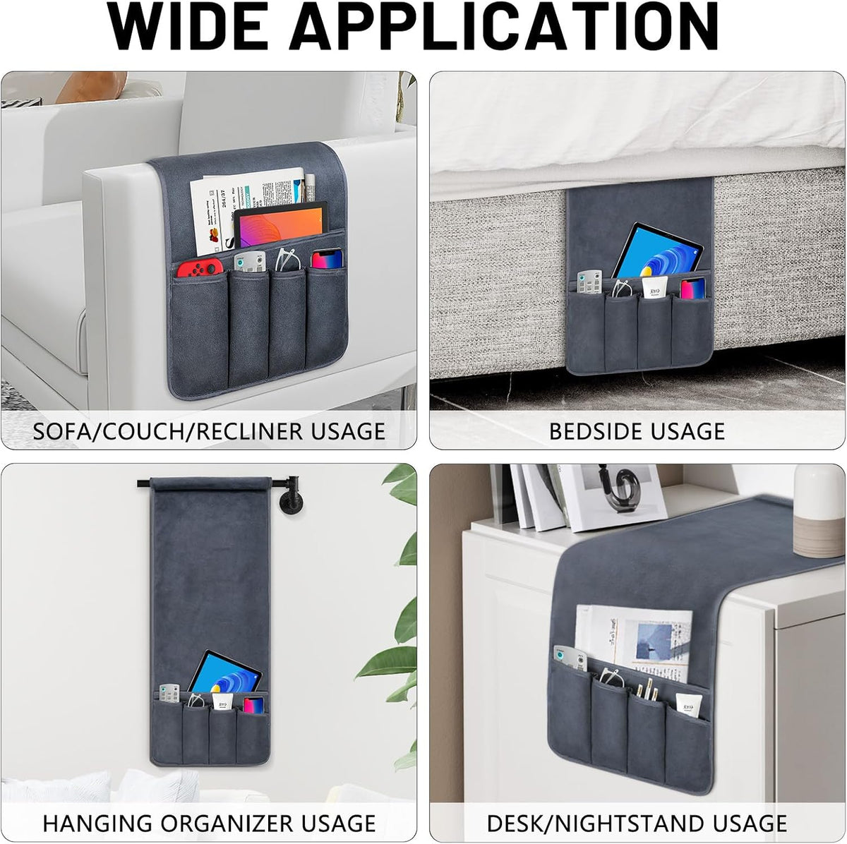 Couch Armrest Remote Control Holder, Polar Fleece Couch Caddy Gifts for Seniors, Non-slip Bed Caddy Tv Remote Holder with 5 Pockets for Key Glasses Phone Magazine Holders