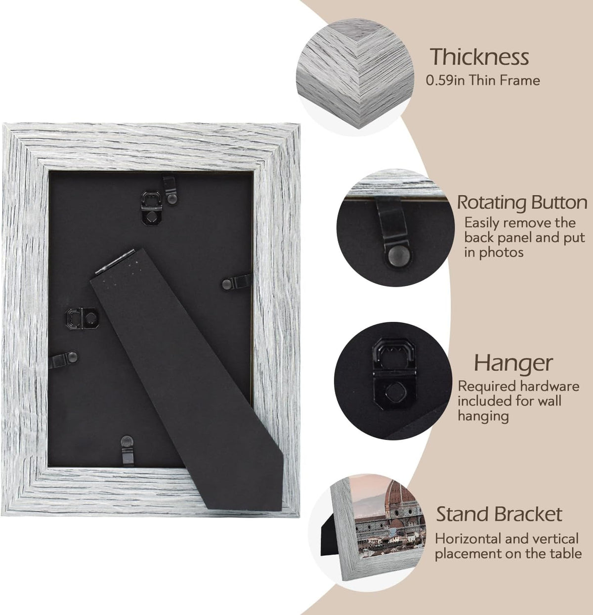 4 Pack 5x7 Picture Frames in Grey, Real Glass, Wall&Tabletop Display