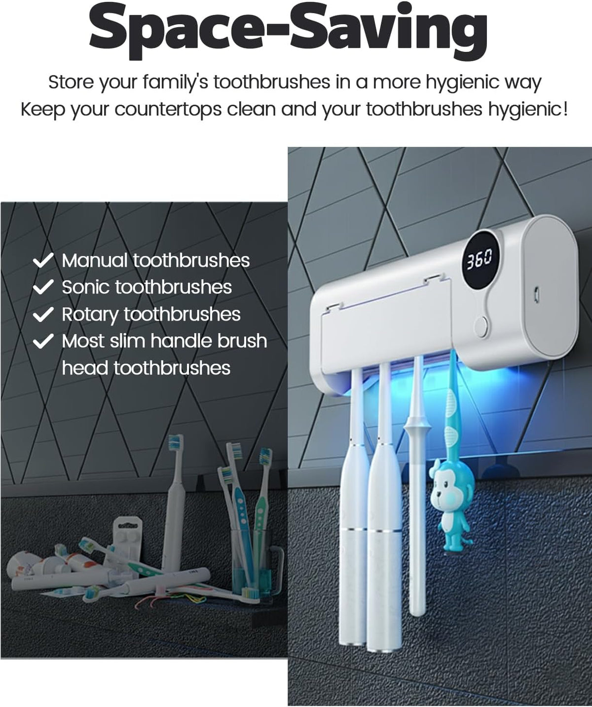 MIMORE Toothbrush Holder Wall Mounted, 4 Slots, 6-Minute Timer