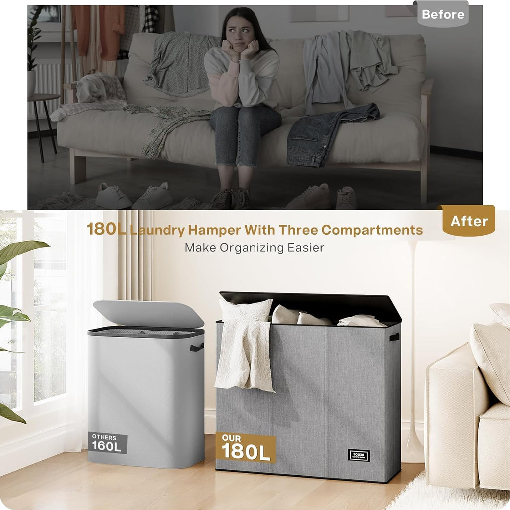 SOLEDI Large Laundry hamper 3 Section with Lid, 180L Laundry Basket, Grey