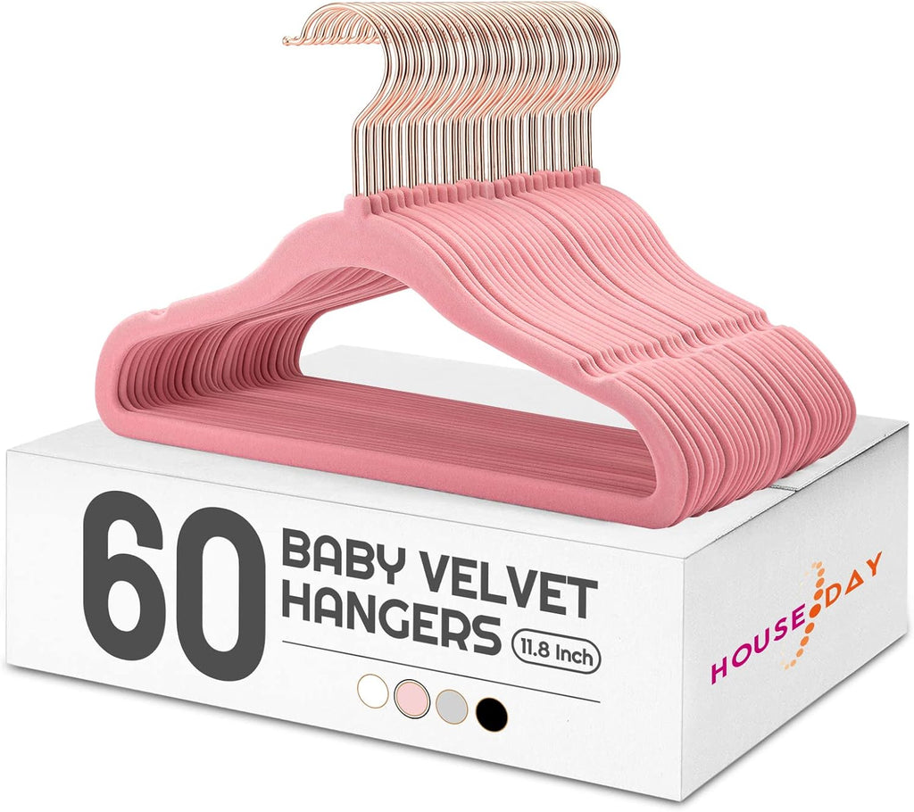 HOUSE DAY Velvet Baby Hangers for Closet, Kids Hangers Velvet 60 Pack, Non Slip Toddler Hanger 11.8 Inch, Durable Childrens Hanger for Newborn Baby Clothes- Blush Pink