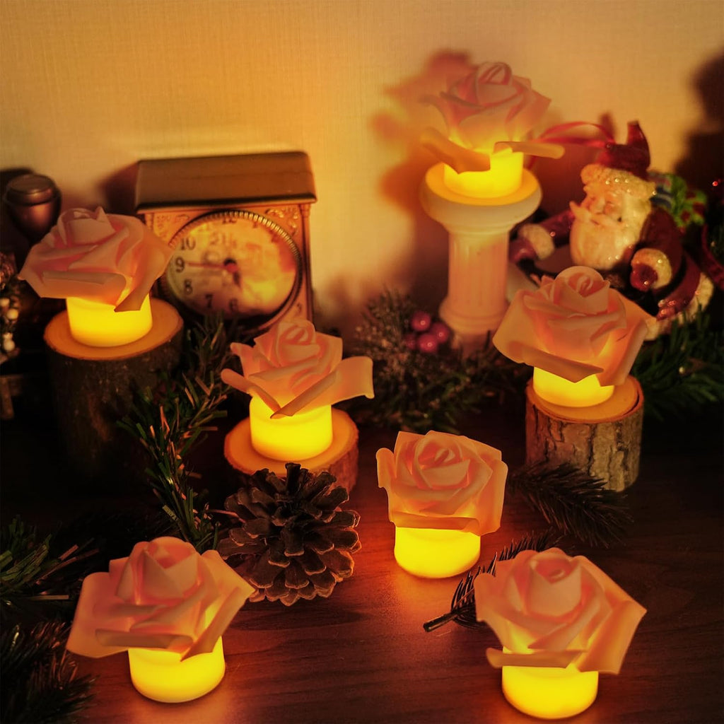 SupBri 12 Pack Led Tea Lights with Artificial Pink Flower