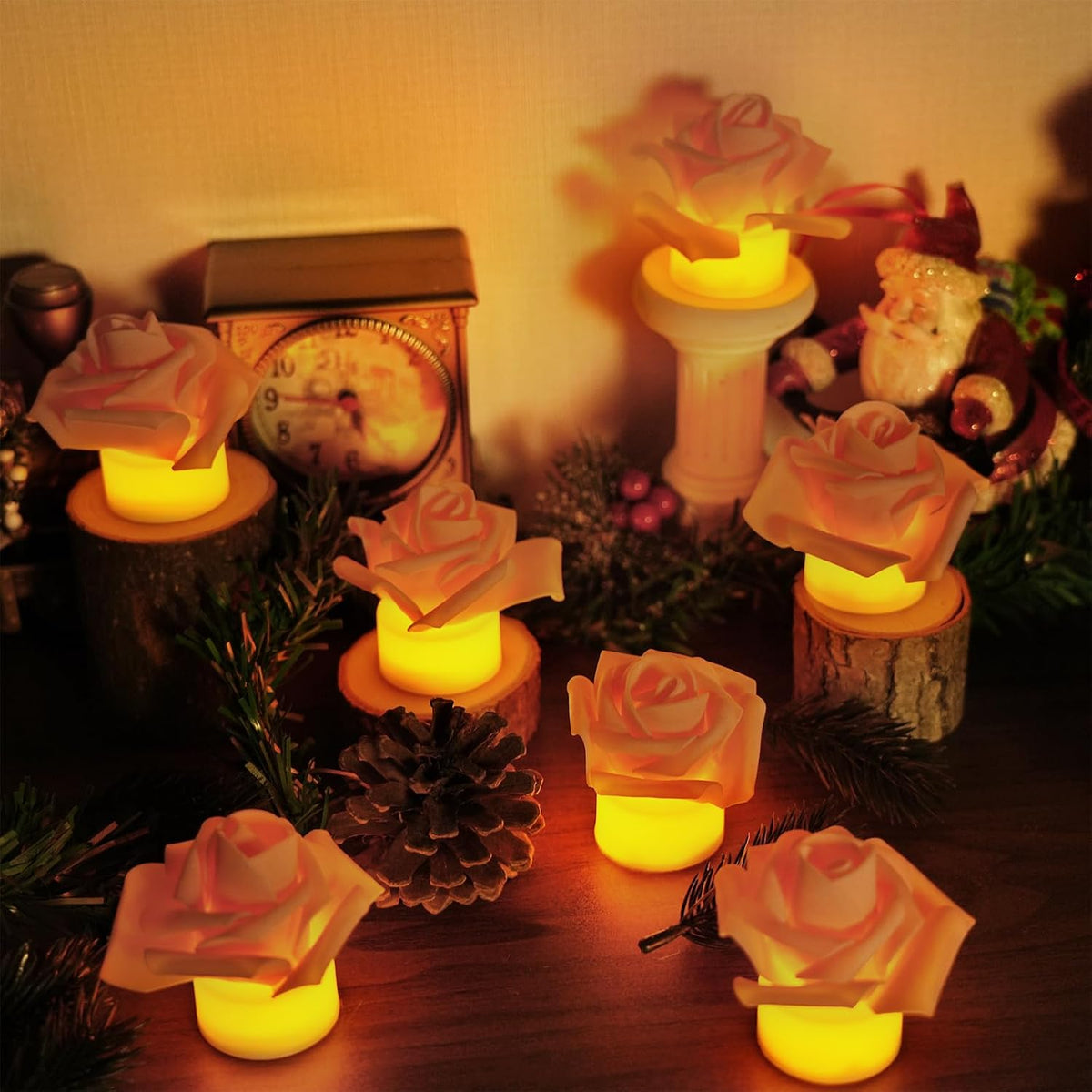 SupBri 12 Pack Led Tea Lights with Artificial Pink Flower