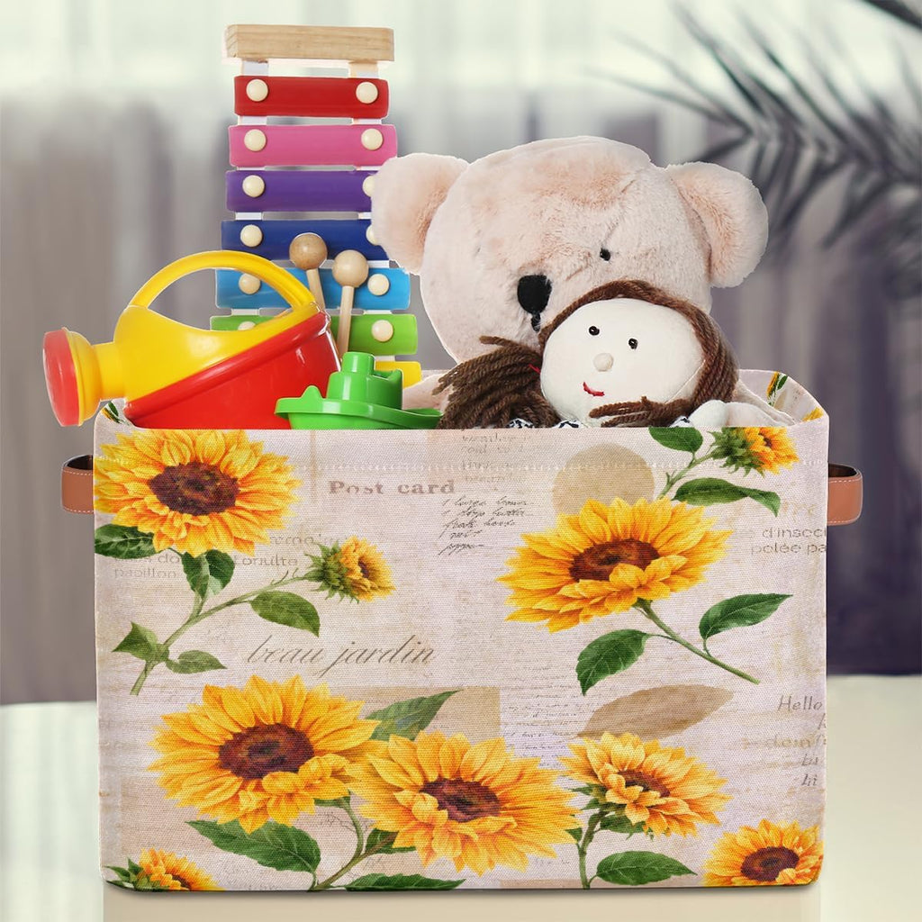 Storage Basket Flower Floral Sunflower, Large Foldable Organizer Storage Bins for Shelves, Sturdy Canvas Cubes Storage Boxes with Handles for Toys Closet Nursery Office Living Room 15" x 11" x 9.5"