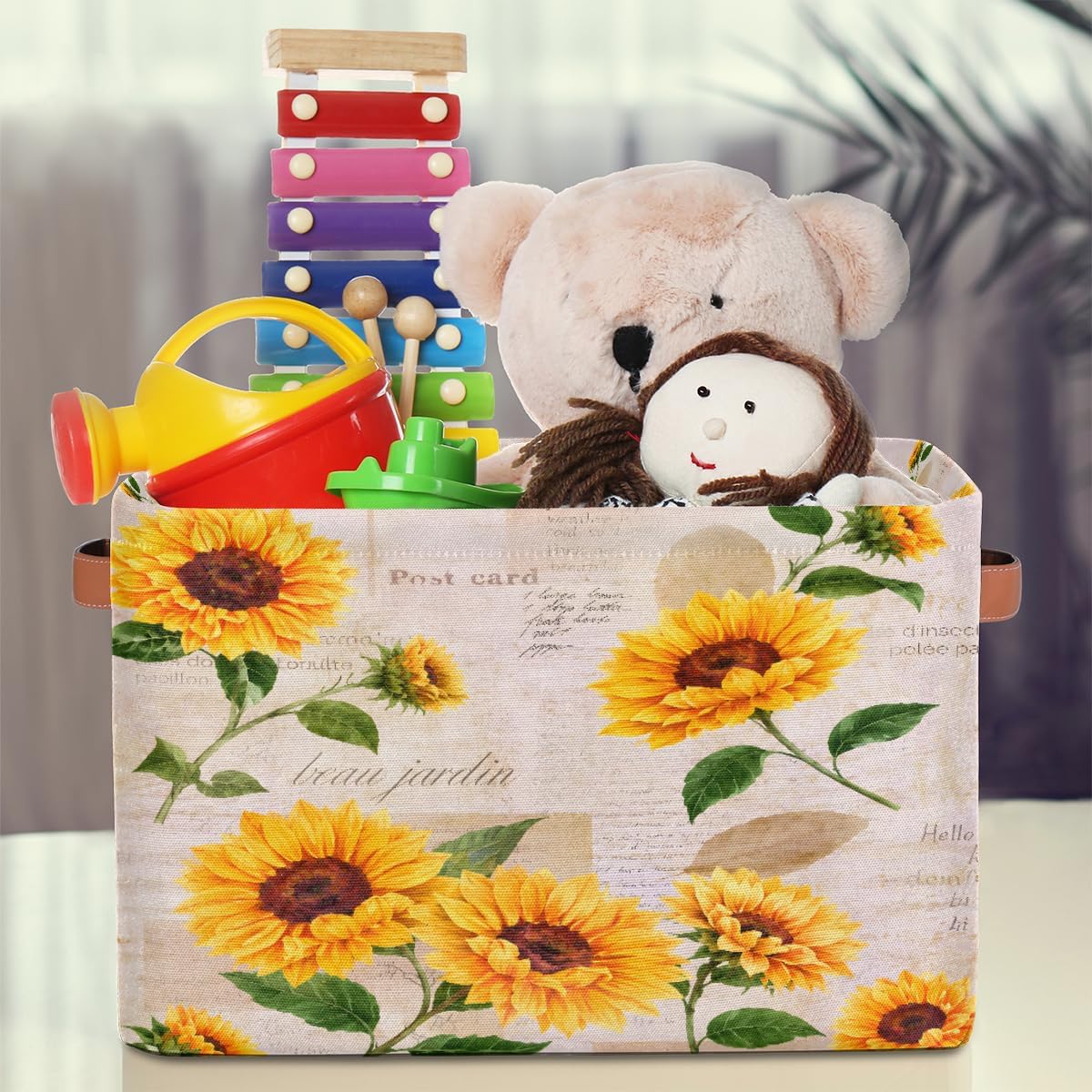 Storage Basket Flower Floral Sunflower, Large Foldable Organizer Storage Bins for Shelves, Sturdy Canvas Cubes Storage Boxes with Handles for Toys Closet Nursery Office Living Room 15" x 11" x 9.5"
